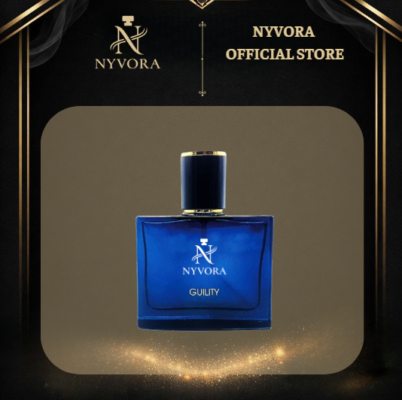 Hình ảnh nước hoa nam Nyvora Guility 50ml Eau De Parfum (EDP) với thiết kế chai màu xanh sang trọng, lấy cảm hứng từ Gucci Guilty Pour Homme. Sản phẩm mang hương gỗ nam tính, lưu hương từ 7–12 giờ, tỏa hương trong bán kính khoảng 2 mét, phù hợp cho nam giới trên 25 tuổi sử dụng khi đi làm, gặp gỡ đối tác, hẹn hò và dự tiệc.